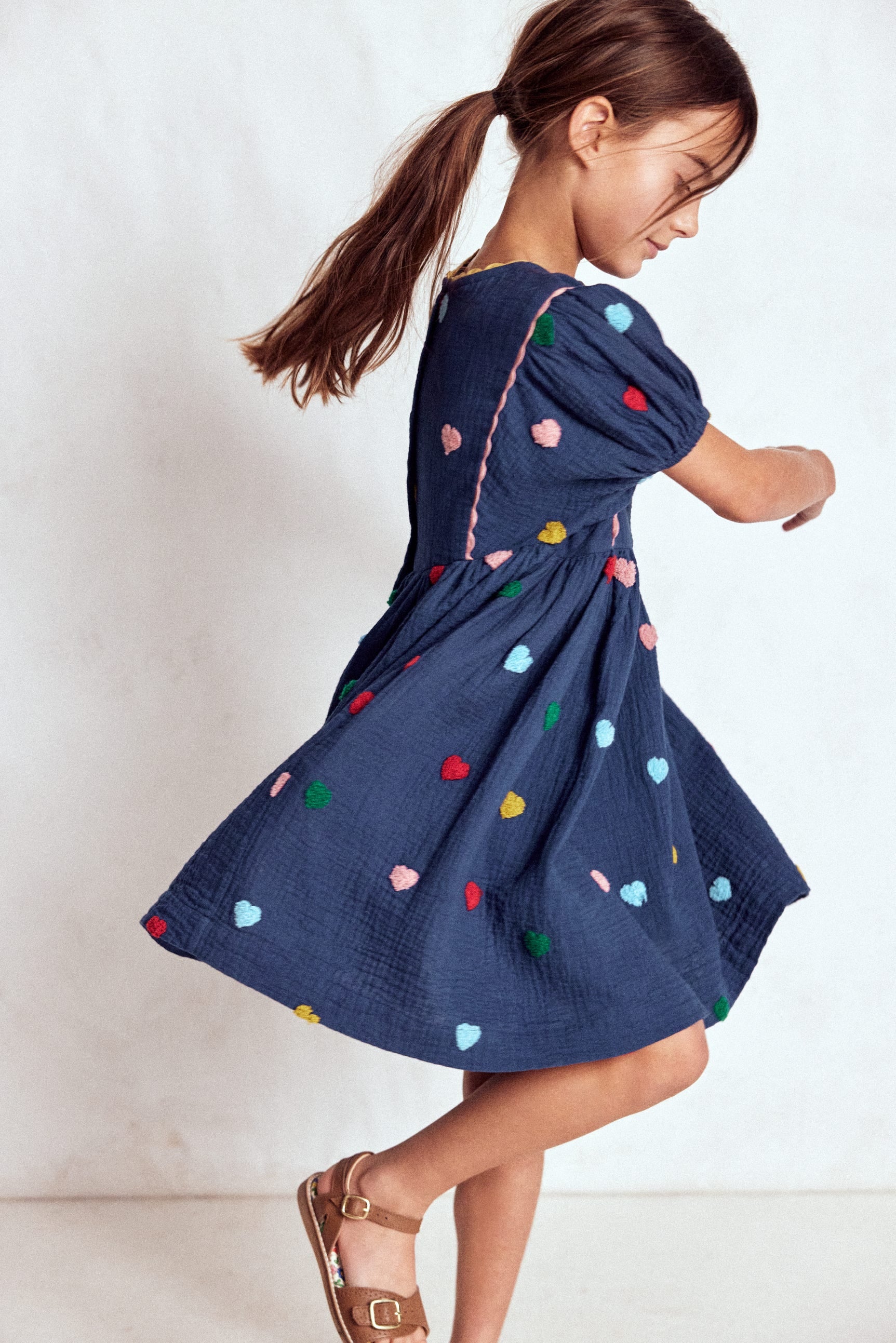 Puff Sleeve Double Cloth Dress-Starboard Blue Hearts-4