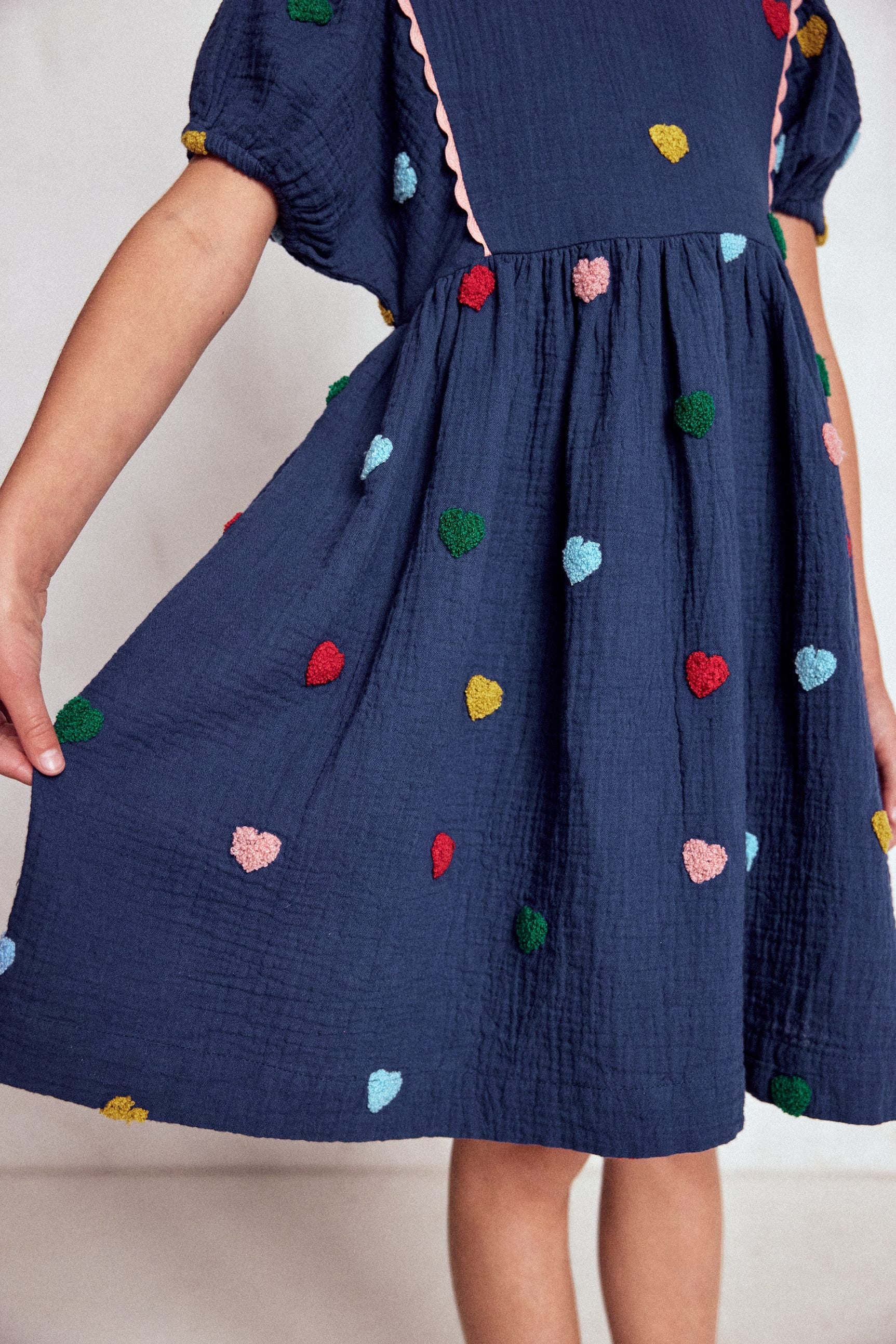Puff Sleeve Double Cloth Dress-Starboard Blue Hearts-5