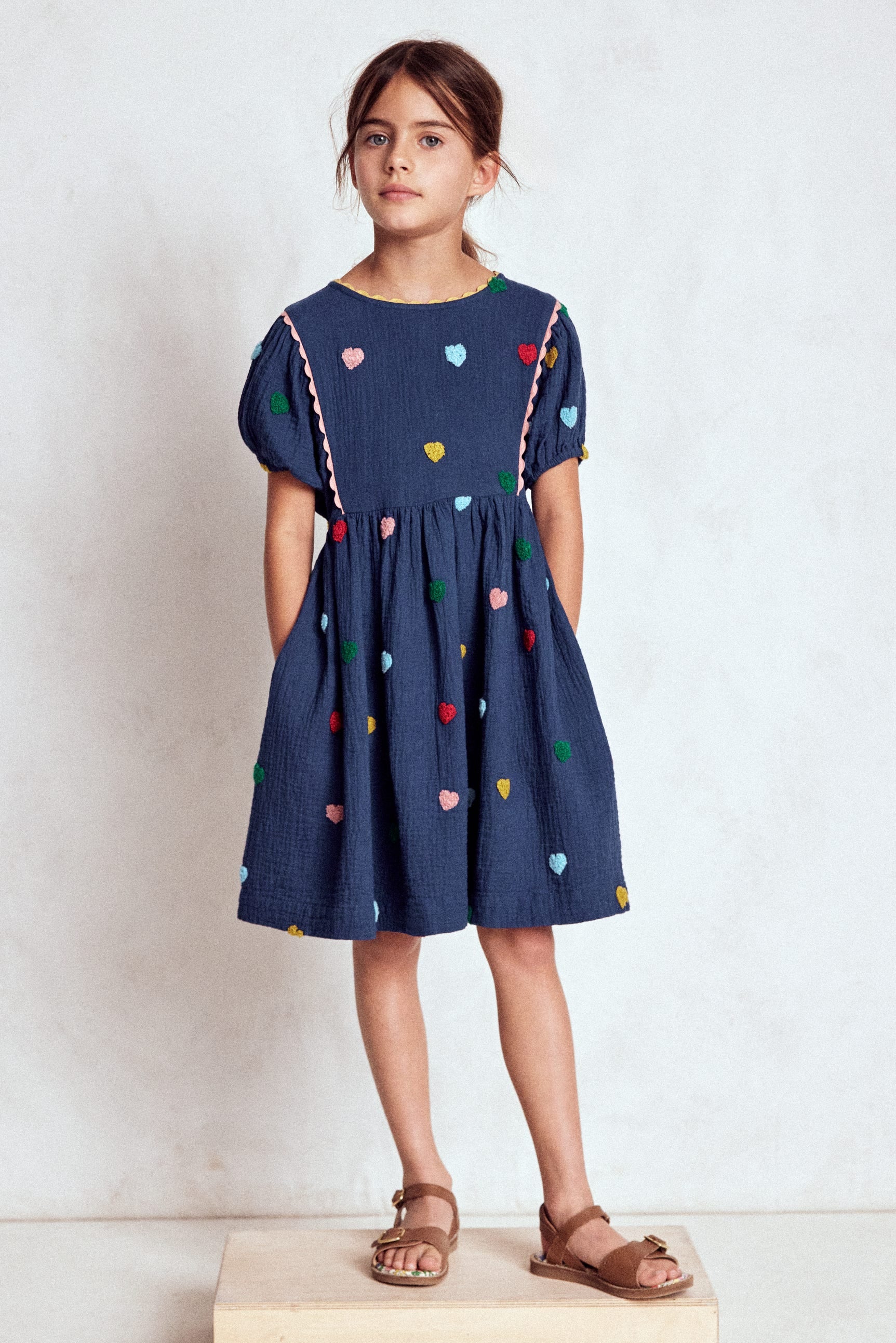 Puff Sleeve Double Cloth Dress-Starboard Blue Hearts-6