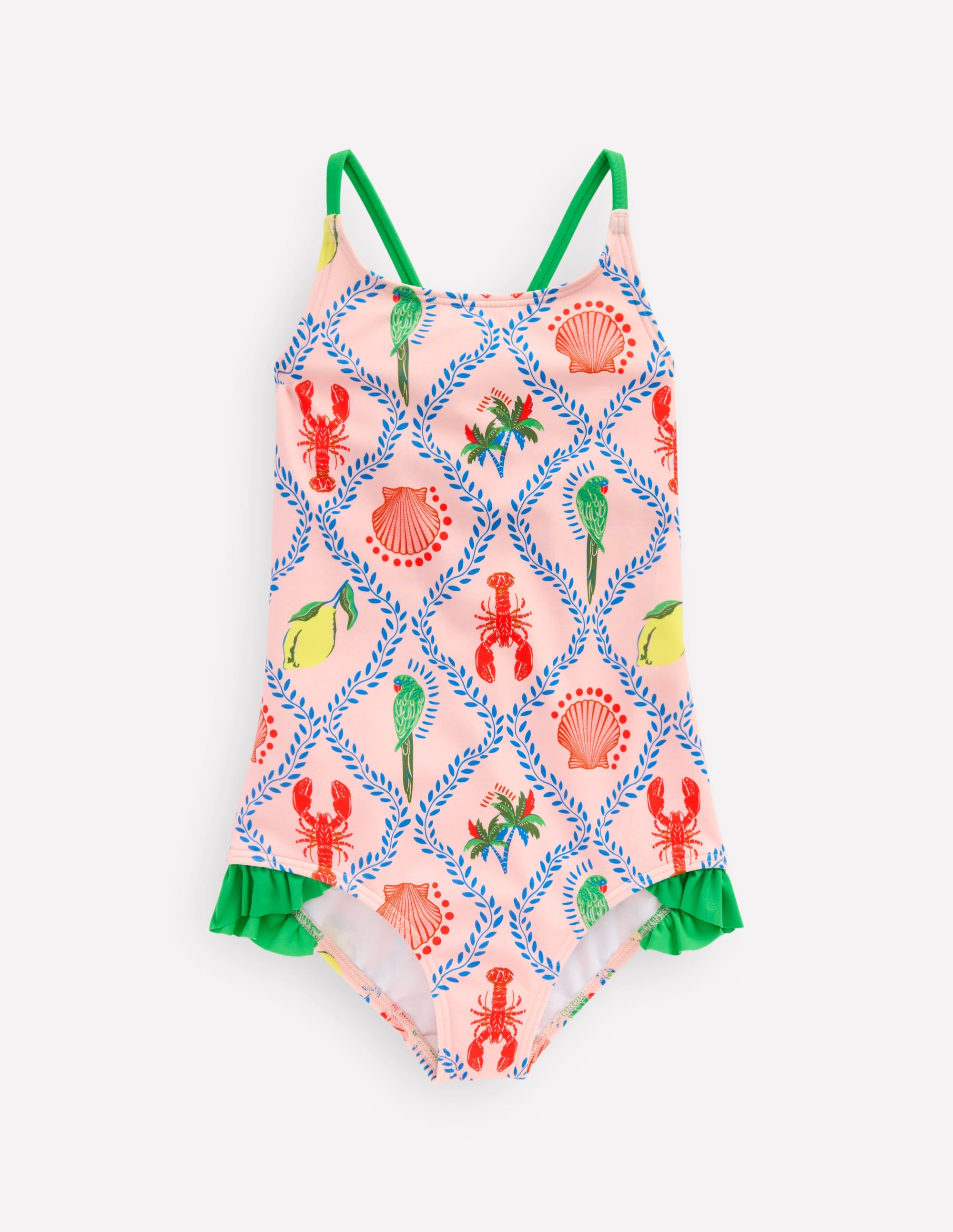 Pretty Cross-Back Swimsuit-Chalk Pink Tropical Print - Image 1