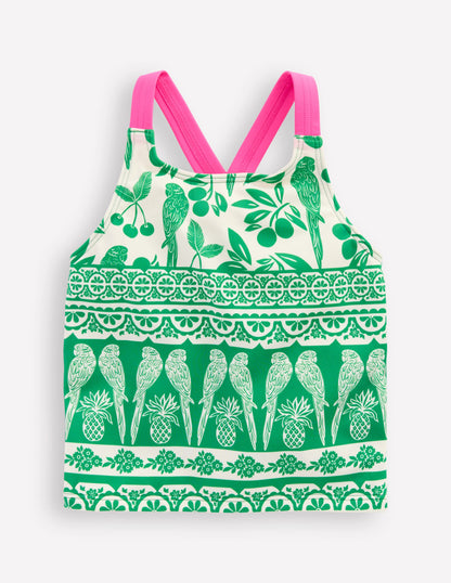 Cross-back Tankini Top-Rich Emerald Parrot Palm-3