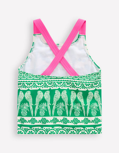 Cross-back Tankini Top-Rich Emerald Parrot Palm-4
