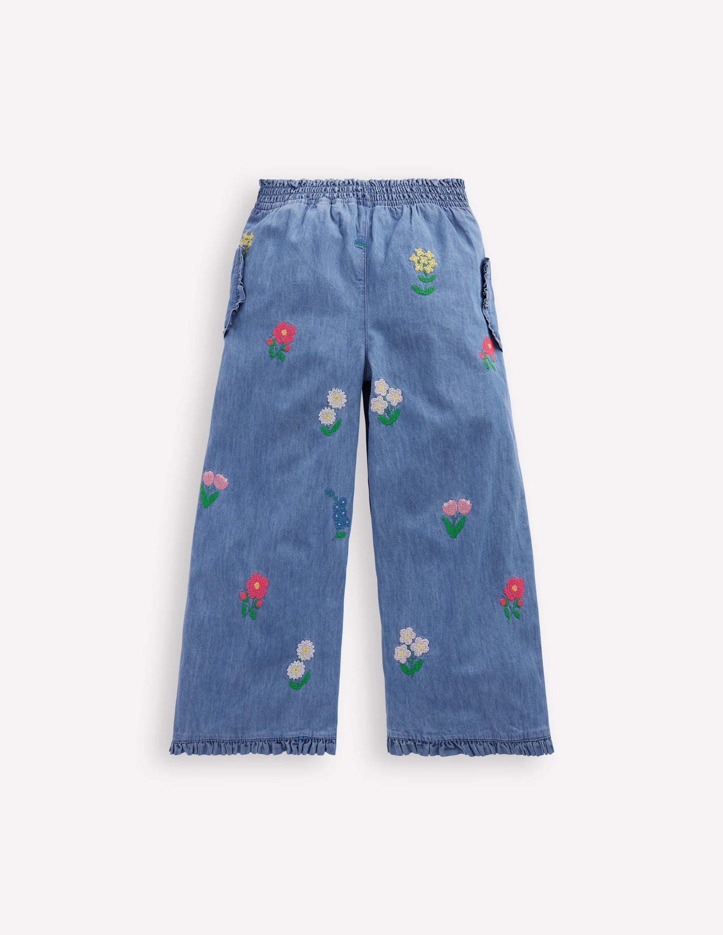 Nostalgic Frill Trousers-Chambray Cross Stitch Flowers