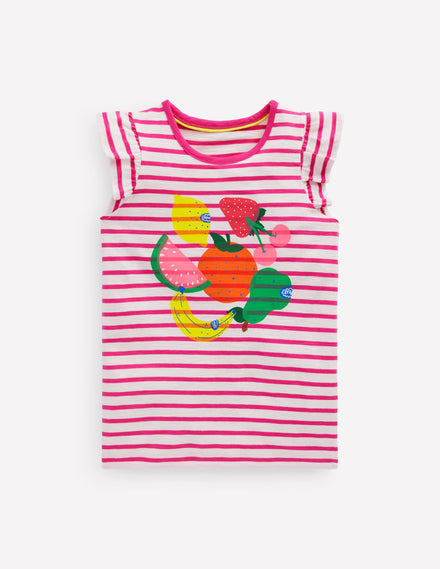 Short Sleeve Frill Logo Top-Raspberry/Soft Ivory Fruits