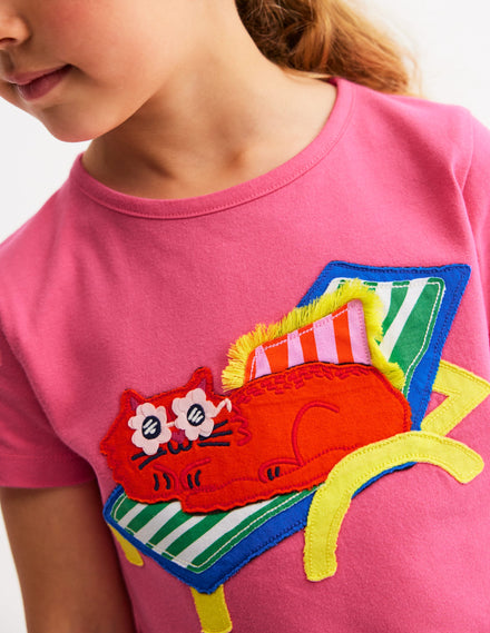 Short Sleeve Appliqué T-shirt-Rose Petal Pink Cat