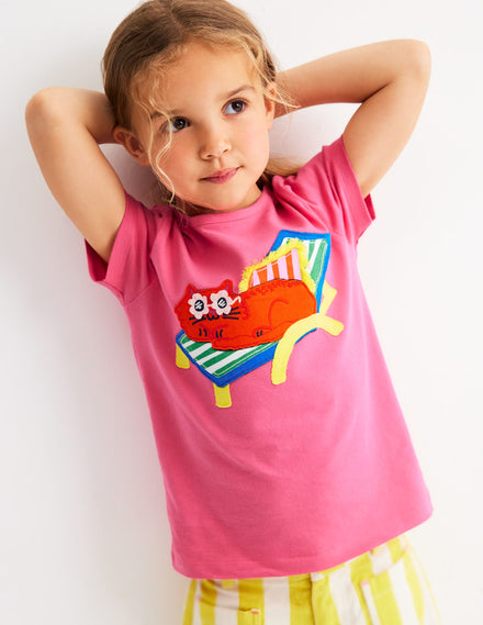 Short Sleeve Appliqué T-shirt-Rose Petal Pink Cat