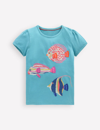 Puff Sleeve Superstitch Top-Aqua Sea Blue Fish