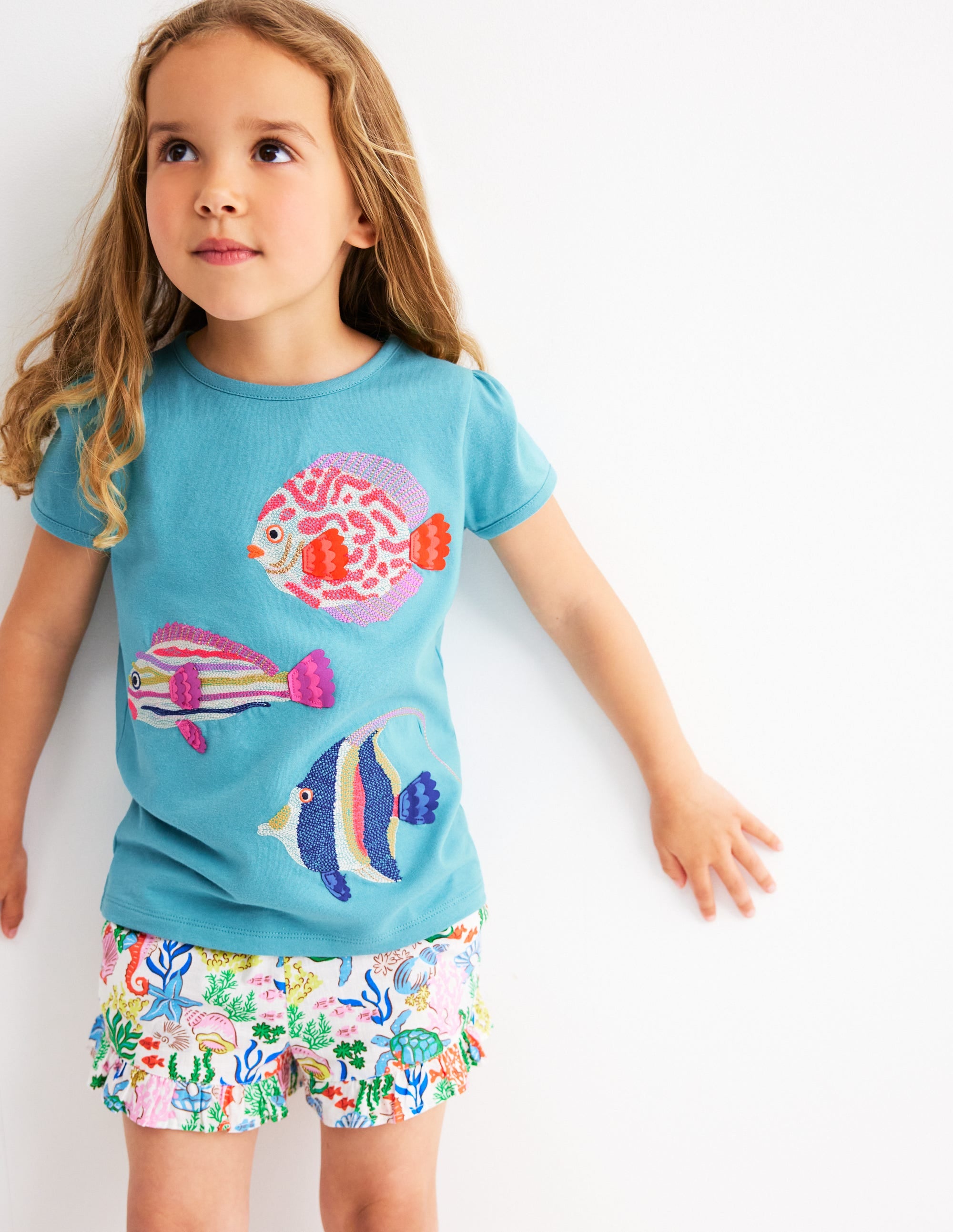 Puff Sleeve Superstitch Top-Aqua Sea Blue Fish - Image 1