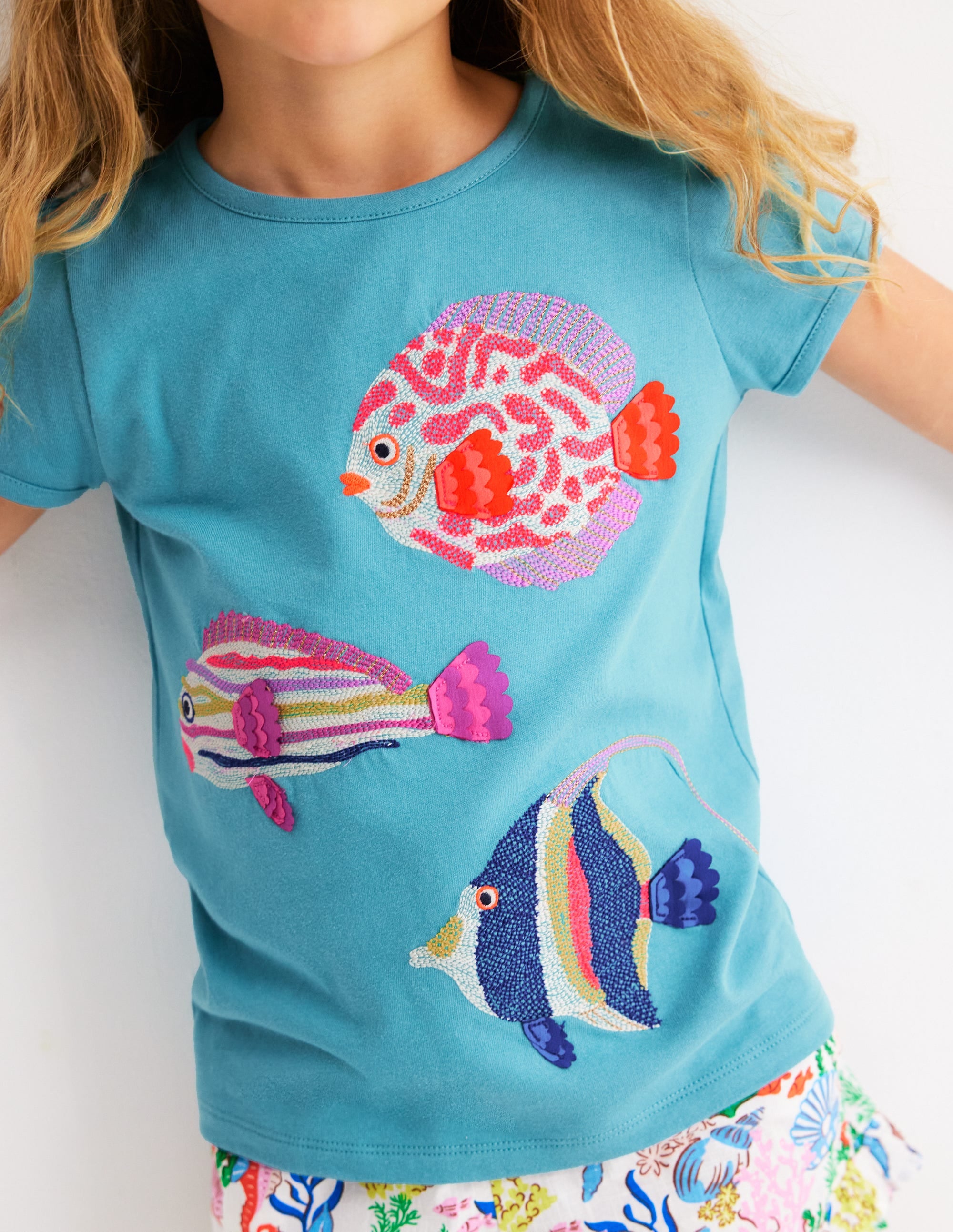 Puff Sleeve Superstitch Top-Aqua Sea Blue Fish - Image 2