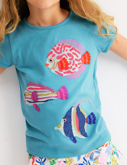 Puff Sleeve Superstitch Top-Aqua Sea Blue Fish