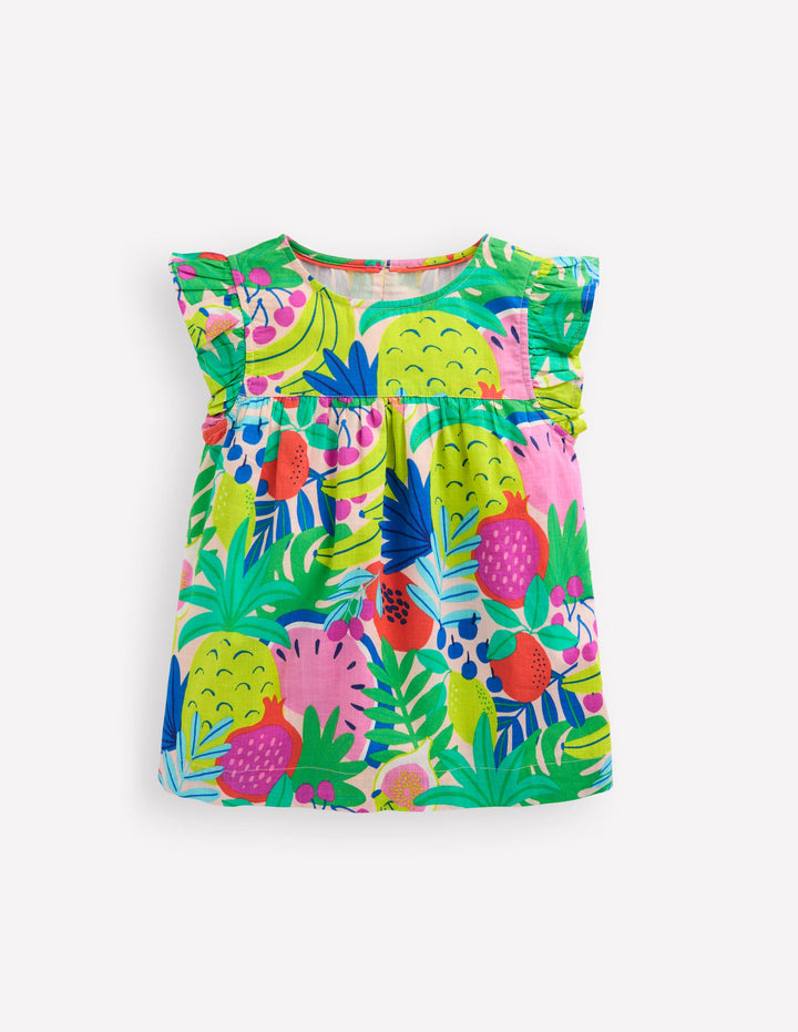 Frill Sleeve Woven Top-Multi Tropical Fruit