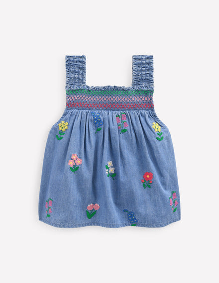 Smocked Woven Top-Chambray Cross Stitch Flowers