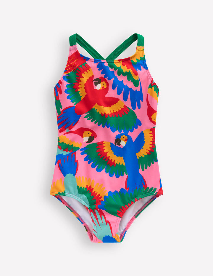 Cross-back Printed Swimsuit-Multi Rainbow Parrot