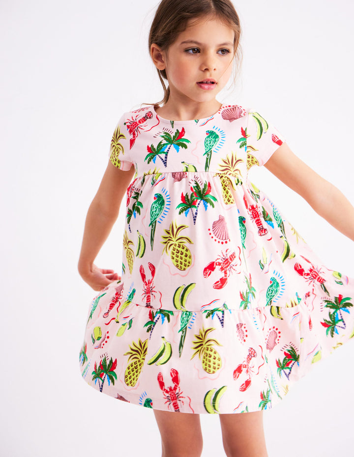 Ariel Twirly Jersey Dress-Chalk Pink Tropical Print