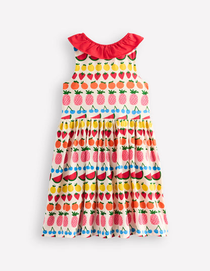 Ruffle Neck Jersey Dress-Ivory Fruit Stripe-7