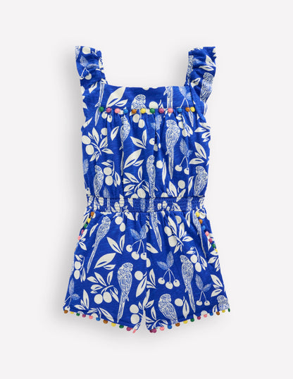 Ciara Pom Trim Jersey Playsuit-Bright Blue Parrot Palm-6