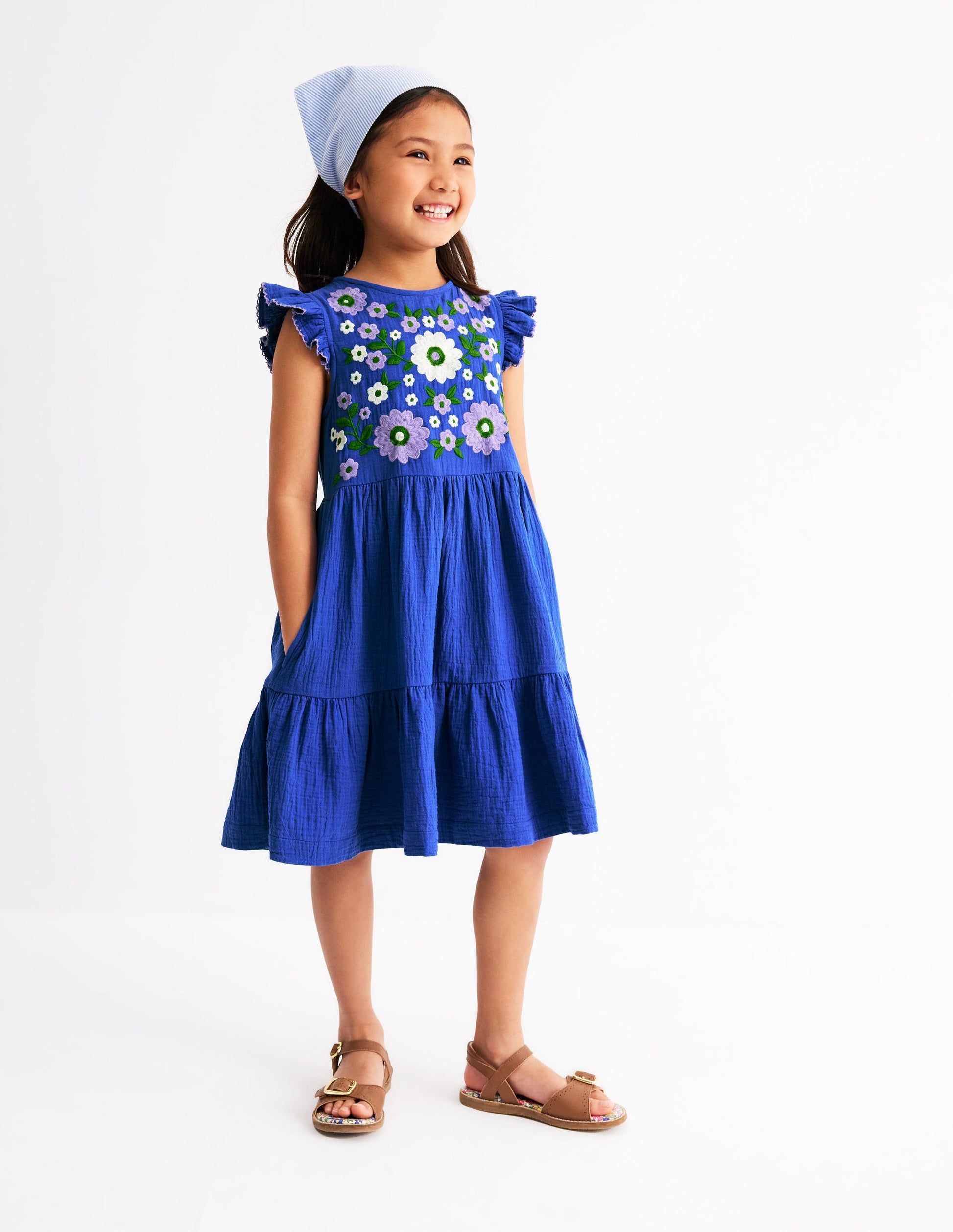 Tiered Doublecloth Dress-Bright Blue Embroidered-2