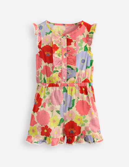 Button Through Ruffle Playsuit-Multi Summer Garden-3
