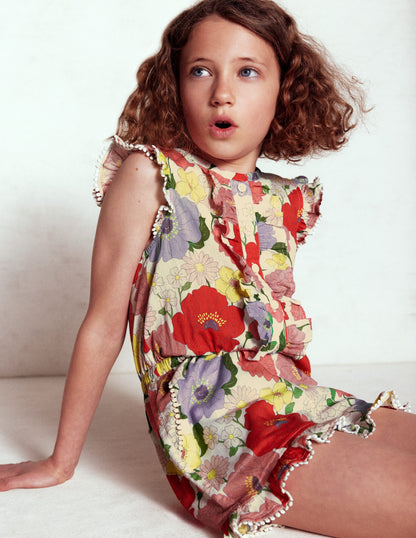 Button Through Ruffle Playsuit-Multi Summer Garden-6