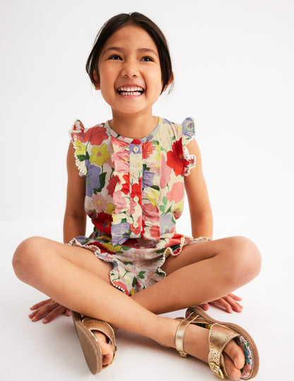 Button Through Ruffle Playsuit-Multi Summer Garden-1