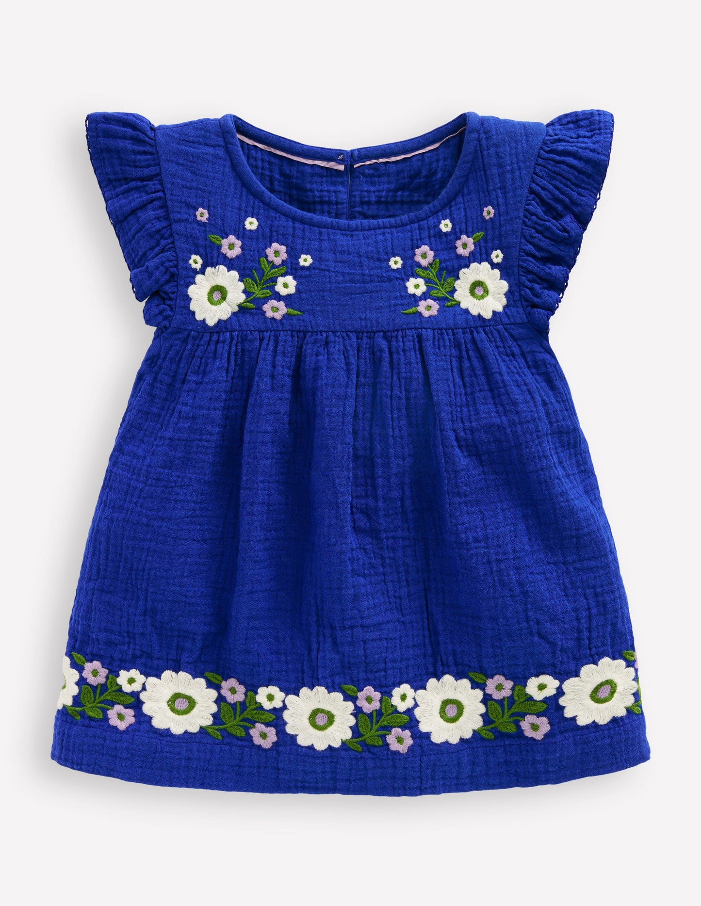 Double Cloth Frill Sleeve Top-Kingfisher Blue Embroidered