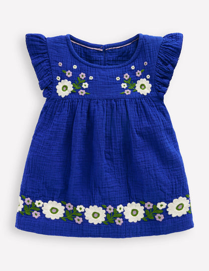 Double Cloth Frill Sleeve Top-Kingfisher Blue Embroidered