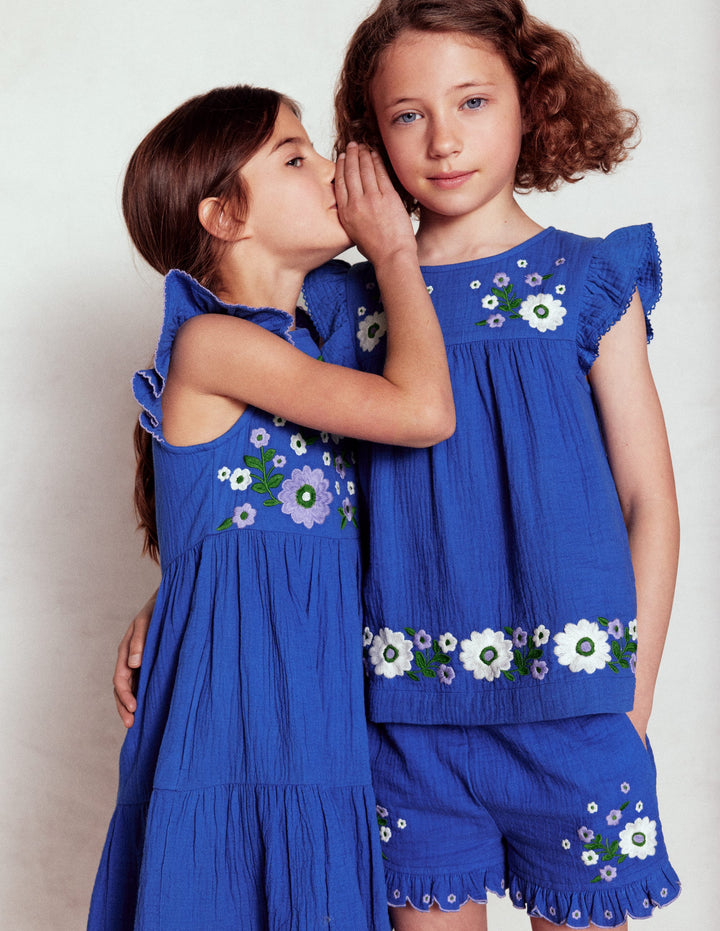 Double Cloth Frill Sleeve Top-Kingfisher Blue Embroidered