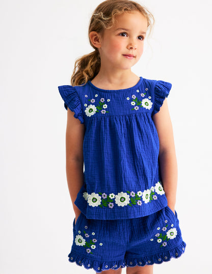 Double Cloth Frill Sleeve Top-Kingfisher Blue Embroidered