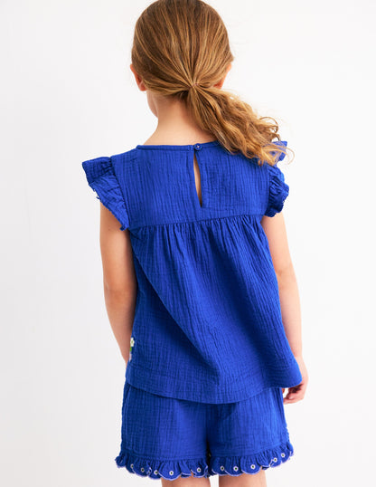 Double Cloth Frill Sleeve Top-Kingfisher Blue Embroidered