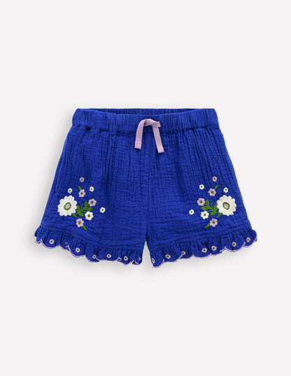 Double Cloth Frill Hem Shorts-Bright Blue Embroidered-2