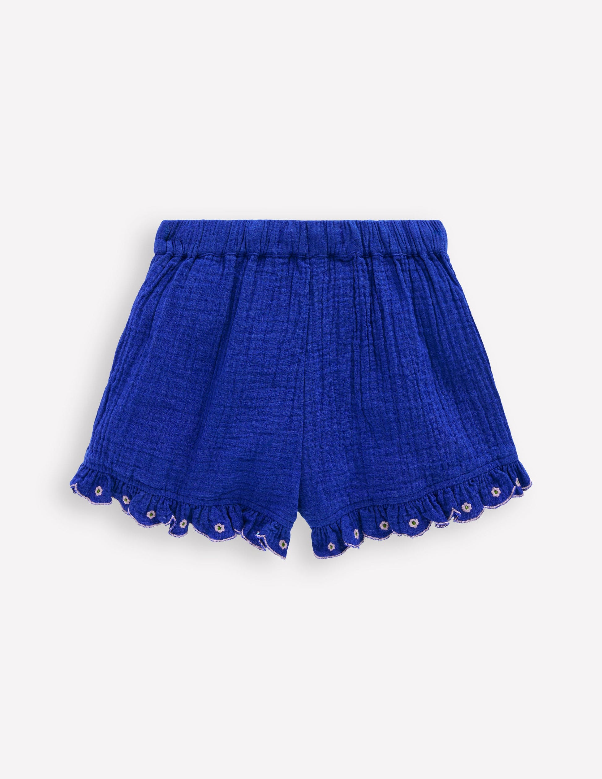 Double Cloth Frill Hem Shorts-Bright Blue Embroidered-3