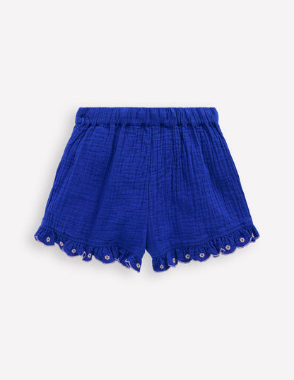 Double Cloth Frill Hem Shorts-Bright Blue Embroidered-3