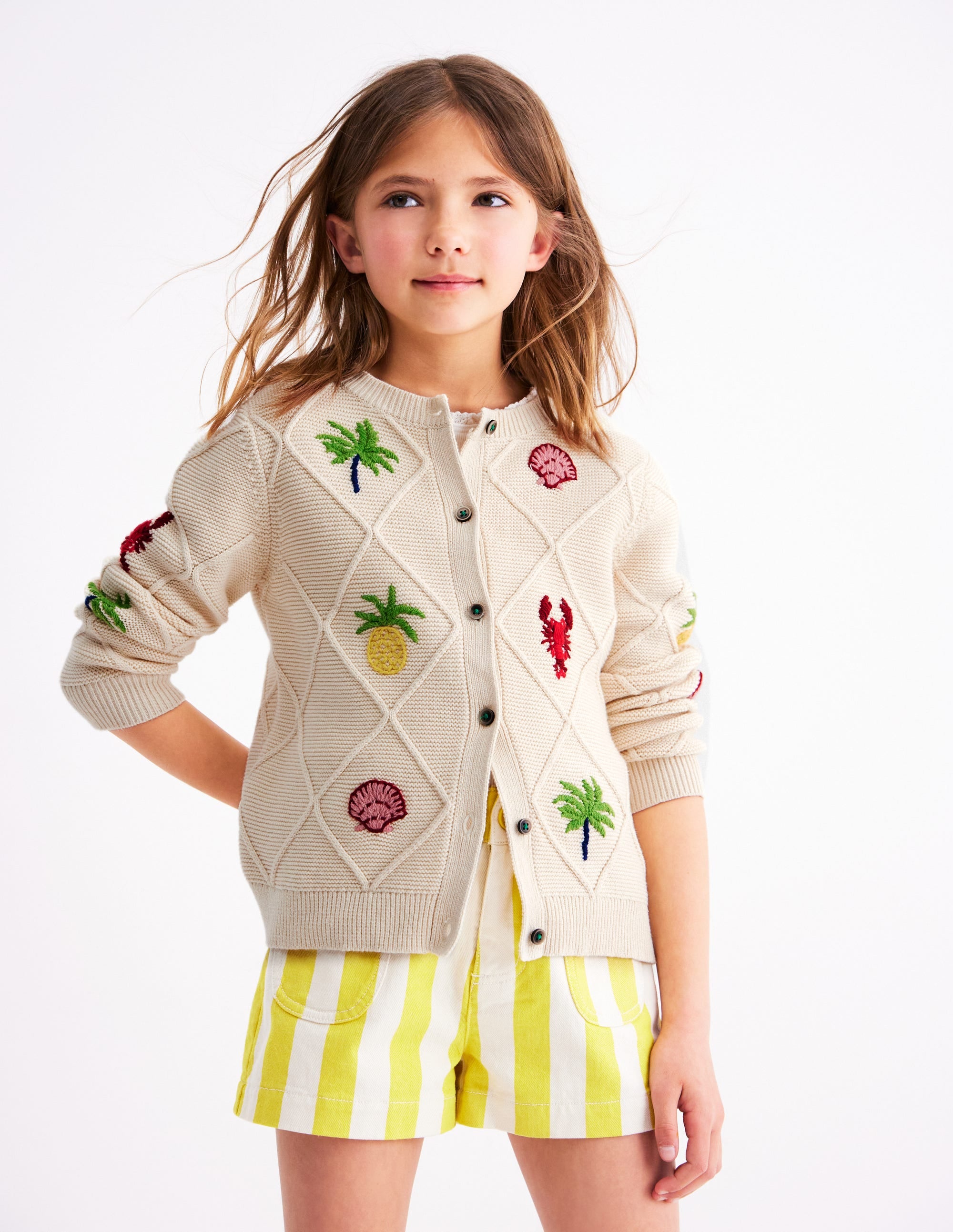 Embroidered Pointelle Cardigan-Ecru Tropical Tile - Image 1