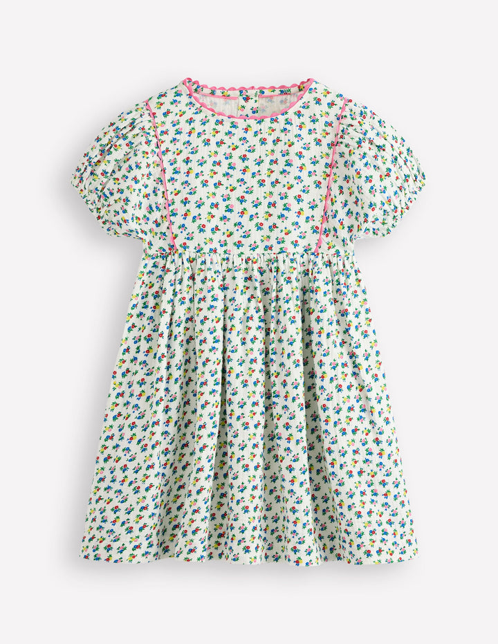 Puff Sleeve Double Cloth Dress-Soft Ivory Ditsy Floral