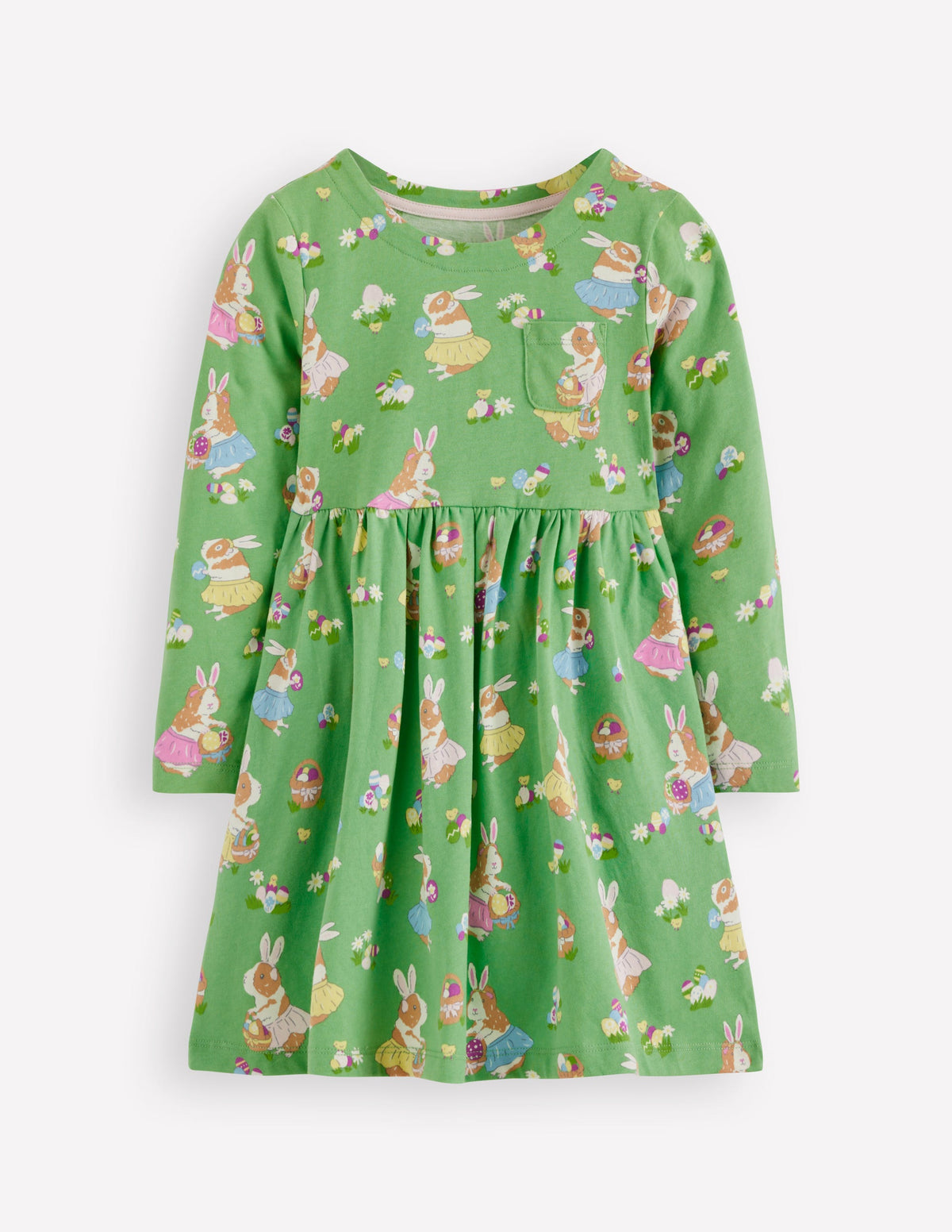 Long-Sleeved Fun Jersey Dress-Aloe Green Easter Guinea Pigs - Image 1