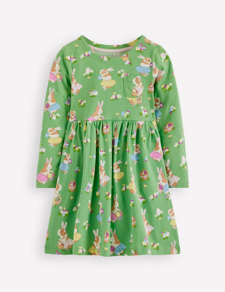 Long-Sleeved Fun Jersey Dress-Aloe Green Easter Guinea Pigs