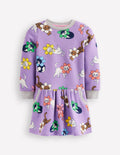 Cosy Printed Sweatshirt Dress-Aster Purple Flower Cat