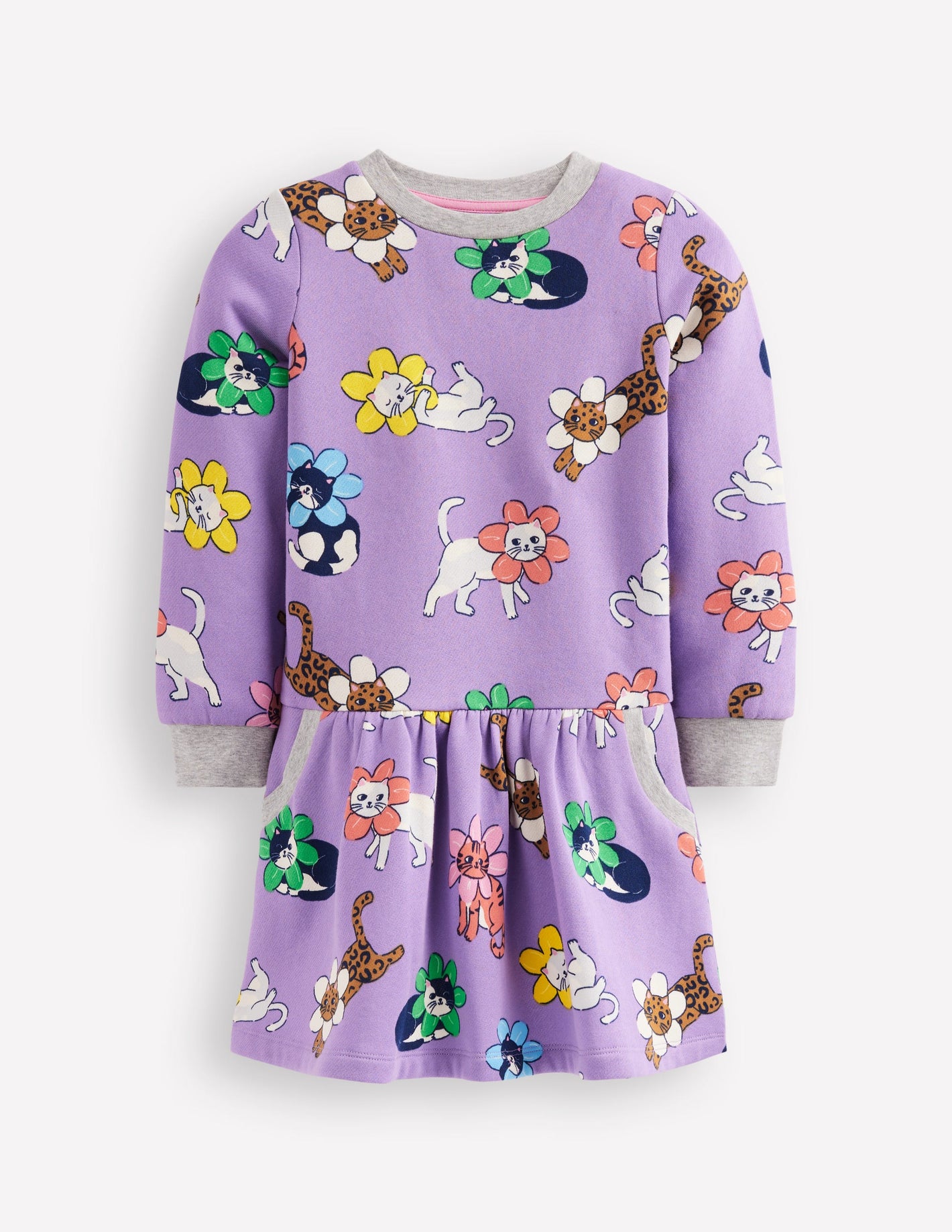 Cosy Printed Sweatshirt Dress-Aster Purple Flower Cat