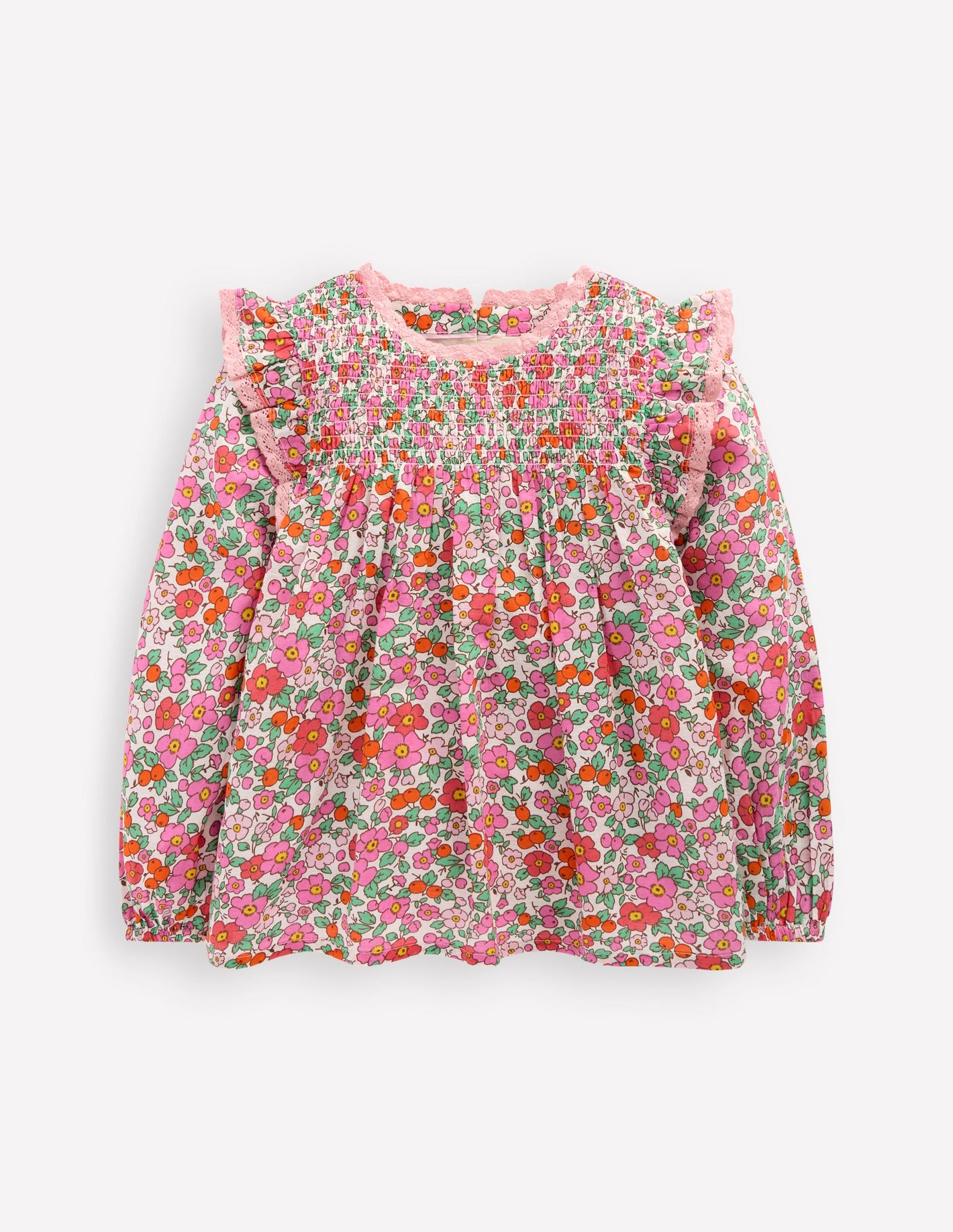 Smocked Ruffle Blouse-Pink Apple Blossom Floral