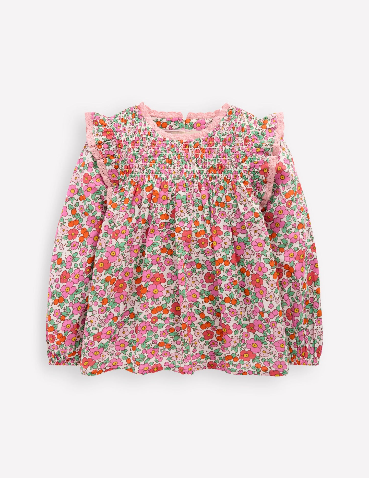 Smocked Ruffle Blouse-Pink Apple Blossom Floral