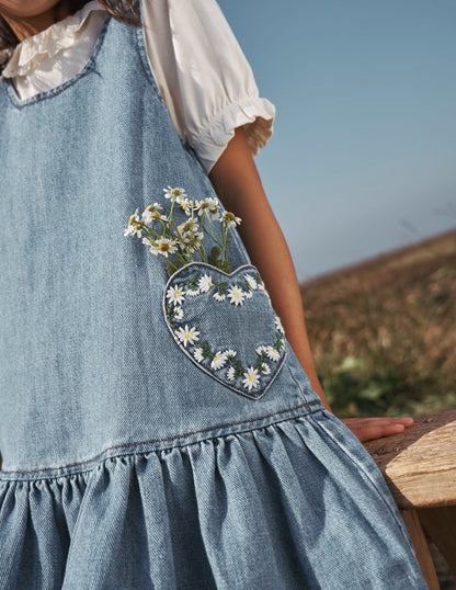 Heart Pocket Pinafore Dress-Mid Vintage Denim Daisies