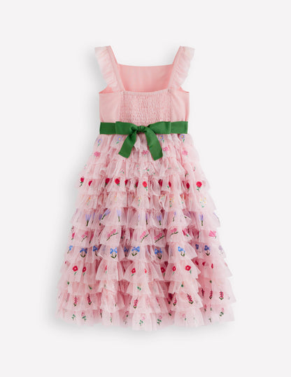 Embroidered Tulle Dress-Chalk Pink Flowers