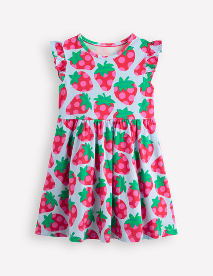 Frill Sleeve Jersey Dress-Misty Blue Spotty Strawberry