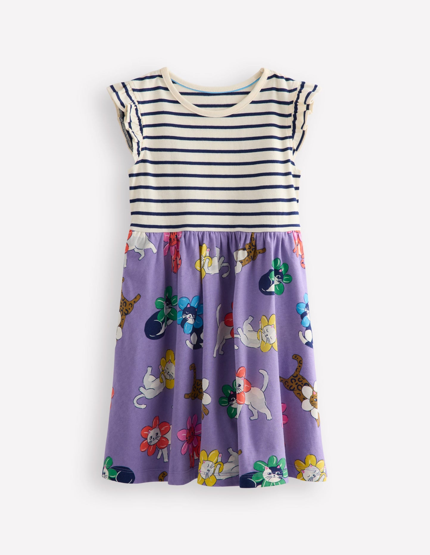 Frill Sleeve Jersey Dress-Aster Purple Flower Cat