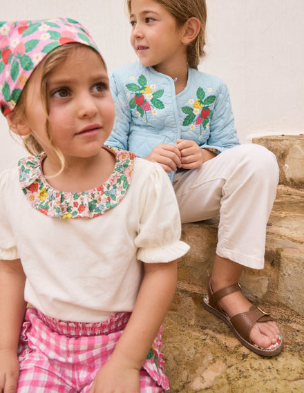 Short Sleeved Collared Top-Ivory Floral