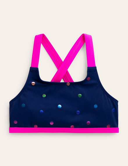 Cross-back Bikini Top-Navy Rainbow Confetti Spot