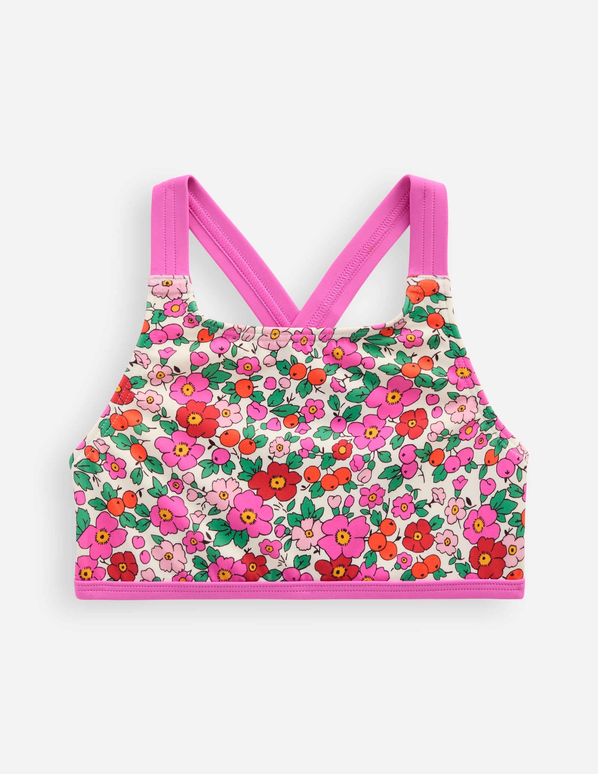 Cross-back Bikini Top-Pink Apple Blossom Floral - Image 1