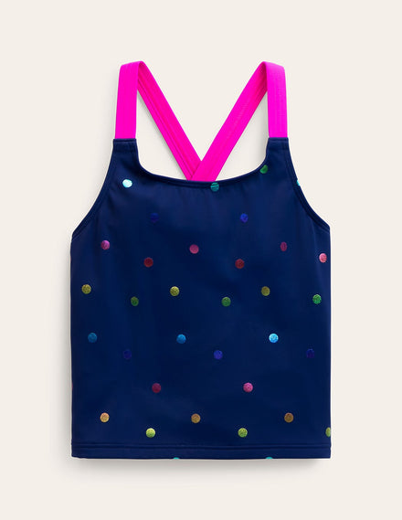 Cross-Back Tankini Top-Navy Rainbow Confetti Spot