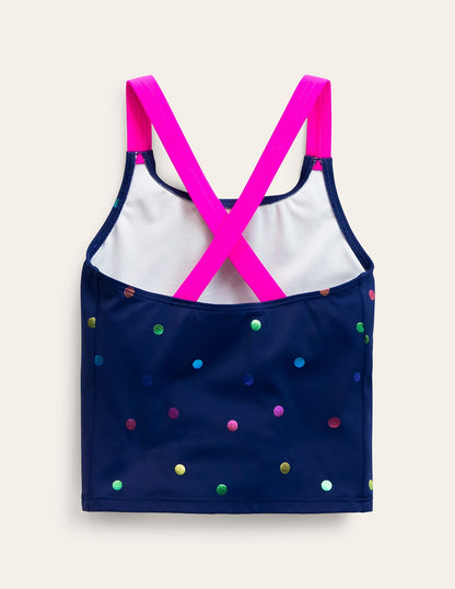 Cross-Back Tankini Top-Navy Rainbow Confetti Spot