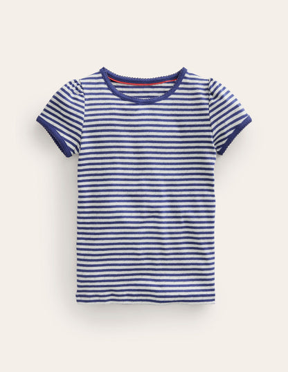 Short Sleeve Pointelle Top-Soft Ivory/Starboard Blue